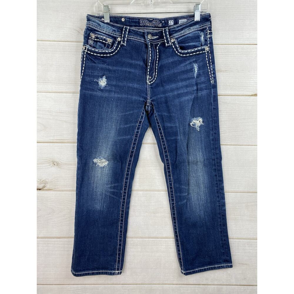 Miss Me Boyfriend Capri Jeans 27 Crop Stretch Embroidered Dark Wash Thick Stitch